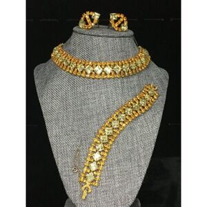 Vintage Amber Citrine Rhinestone Choker Necklace Bracelet & Earrings SET